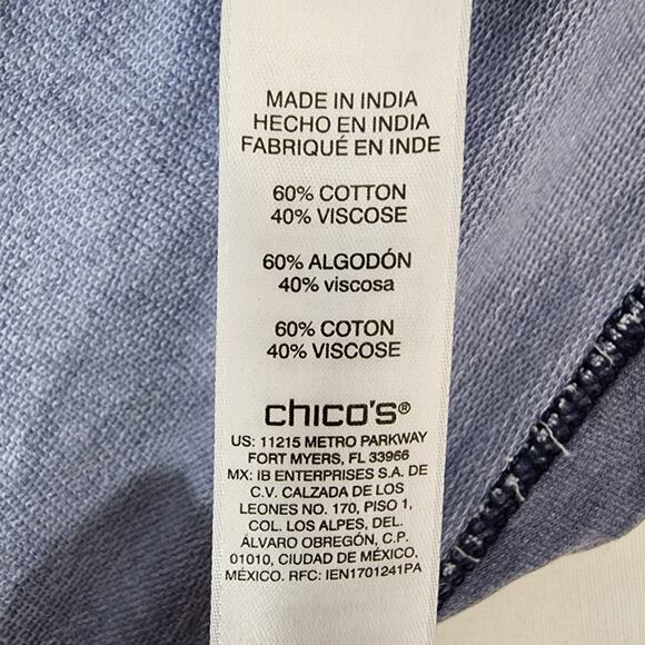 Chicos Weekends Womens Top Medium Blue Cheetah Print Cotton Viscose 3/4 Sleeve - Picture 7 of 9